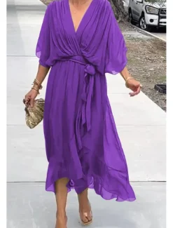 Women's Midi Dress Cocktail Dress Wedding Guest Dress Chiffon Dress Summer Dress Fashion Batwing Sleeve Holiday Date Going out Regular Fit Plain Half Sleeve V Neck Blue Purple Green Spring