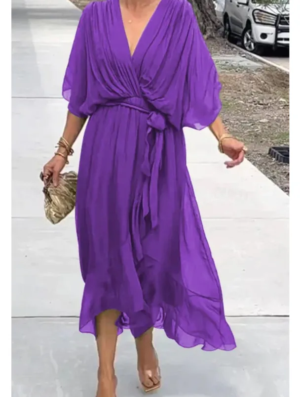 Women's Midi Dress Cocktail Dress Wedding Guest Dress Chiffon Dress Summer Dress Fashion Batwing Sleeve Holiday Date Going out Regular Fit Plain Half Sleeve V Neck Blue Purple Green Spring