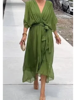 Women's Midi Dress Cocktail Dress Wedding Guest Dress Chiffon Dress Summer Dress Fashion Batwing Sleeve Holiday Date Going out Regular Fit Plain Half Sleeve V Neck Blue Purple Green Spring