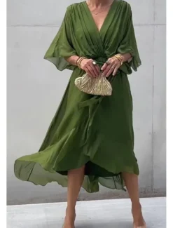 Women's Midi Dress Cocktail Dress Wedding Guest Dress Chiffon Dress Summer Dress Fashion Batwing Sleeve Holiday Date Going out Regular Fit Plain Half Sleeve V Neck Blue Purple Green Spring