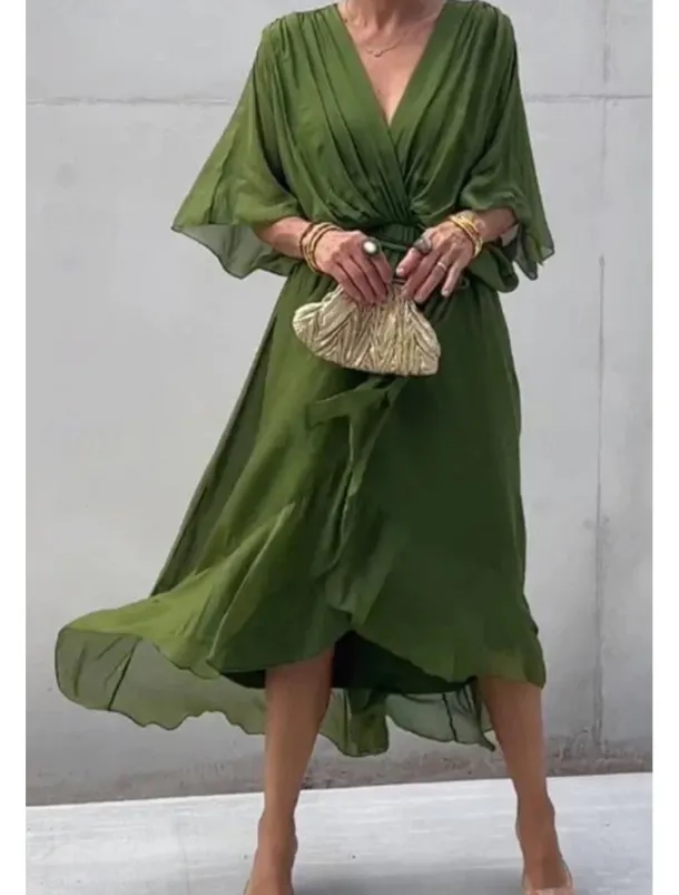 Women's Midi Dress Cocktail Dress Wedding Guest Dress Chiffon Dress Summer Dress Fashion Batwing Sleeve Holiday Date Going out Regular Fit Plain Half Sleeve V Neck Blue Purple Green Spring