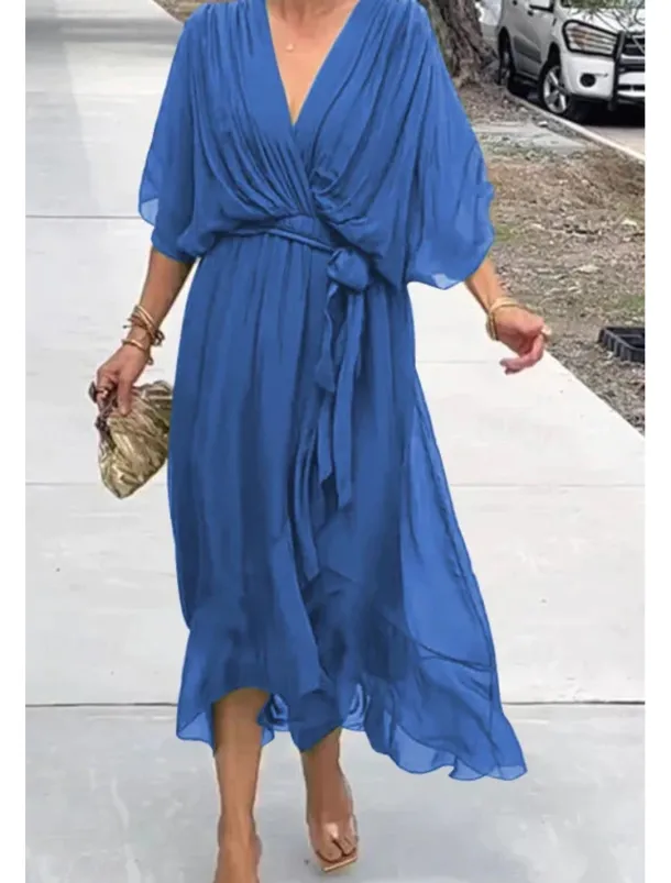 Women's Midi Dress Cocktail Dress Wedding Guest Dress Chiffon Dress Summer Dress Fashion Batwing Sleeve Holiday Date Going out Regular Fit Plain Half Sleeve V Neck Blue Purple Green Spring