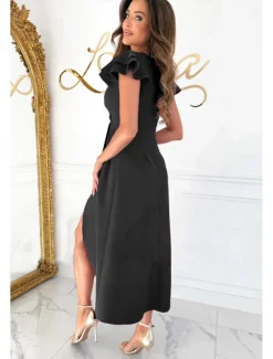 Women's Midi Dress Cocktail Dress Wedding Guest Dress Chiffon Dress Midi Dress Elegant Regular Fit Solid Color Short Sleeve V Neck Black Wine Red Khaki Summer