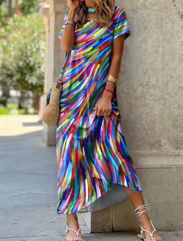 Women's Midi Dress Colorful Stripes Short Sleeve Round Neck High-Low Hem Casual Summer Breathable Fashion Multicolor Sizes Available Flowy Lightweight Apparel