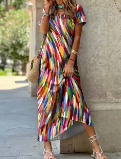 Women's Midi Dress Colorful Stripes Short Sleeve Round Neck High-Low Hem Casual Summer Breathable Fashion Multicolor Sizes Available Flowy Lightweight Apparel
