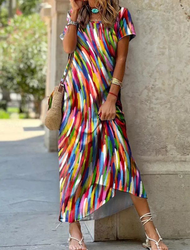 Women's Midi Dress Colorful Stripes Short Sleeve Round Neck High-Low Hem Casual Summer Breathable Fashion Multicolor Sizes Available Flowy Lightweight Apparel