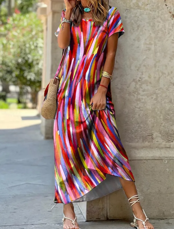 Women's Midi Dress Colorful Stripes Short Sleeve Round Neck High-Low Hem Casual Summer Breathable Fashion Multicolor Sizes Available Flowy Lightweight Apparel