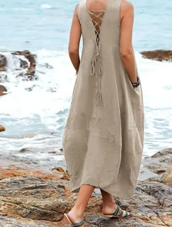 Women's Midi Dress Cotton Linen Dress Basic Casual Vacation Daily Regular Fit Plain Sleeveless V Neck Black Wine Khaki Summer