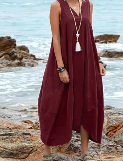 Women's Midi Dress Cotton Linen Dress Basic Casual Vacation Daily Regular Fit Plain Sleeveless V Neck Black Wine Khaki Summer