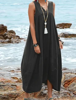 Women's Midi Dress Cotton Linen Dress Basic Casual Vacation Daily Regular Fit Plain Sleeveless V Neck Black Wine Khaki Summer