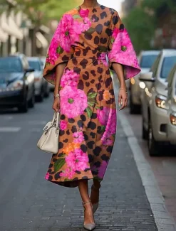 Women's Midi Dress Floral Dress Print Dress Elegant Fashion Outdoor Vacation Daily Regular Fit Flower Half Sleeve Crew Neck Black Pink Blue Purple Summer