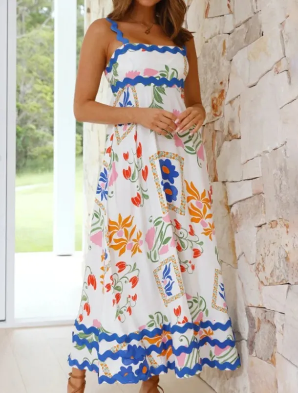 Women's Midi Dress Floral Dress Slip Dress Print Dress Classic Modern Outdoor Vacation Holiday Regular Fit Flower Sleeveless Spaghetti Strap White Navy Blue Royal Blue Blue Summer