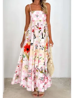 Women's Midi Dress Floral Dress Slip Dress Fashion Classic Vacation Going out Weekend Regular Fit Flower Sleeveless Spaghetti Strap Pink Blue Summer