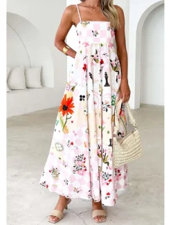 Women's Midi Dress Floral Dress Slip Dress Fashion Classic Vacation Going out Weekend Regular Fit Flower Sleeveless Spaghetti Strap Pink Blue Summer