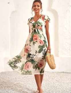 Women's Midi Dress Floral V-Neck A-Line Flutter Sleeve Rose Pattern Lightweight Summer Garden Party Wedding Guest Brunch Flowy Feminine White Pink Green