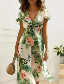 Women's Midi Dress Floral V-Neck A-Line Flutter Sleeve Rose Pattern Lightweight Summer Garden Party Wedding Guest Brunch Flowy Feminine White Pink Green