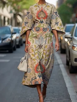 Women's Midi Dress Floral Dress Fashion Classic Modern Vacation Daily Holiday Regular Fit Flower Half Sleeve Crew Neck Black Light Green Blue Emerald Green Summer