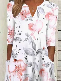 Women's Midi Dress Floral Ruched Pocket V Neck Daily Vacation 3/4 Length Sleeve Summer Spring