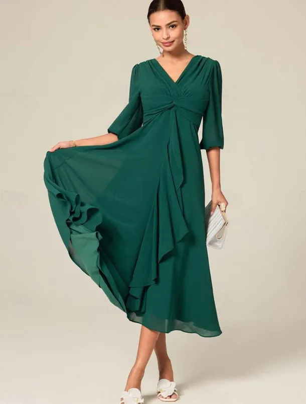 Women's Midi Dress Green Solid Color V-Neck Half Sleeve Ruffled Sophisticated Chic Zip-Back Summer Semi-Formal Wedding Party Evening Elegant Flowy Lightweight Apparel