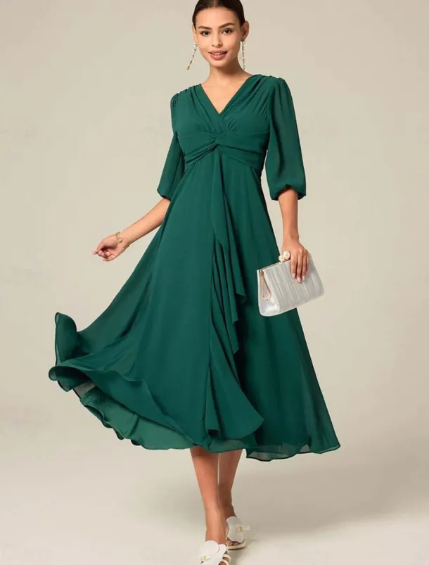 Women's Midi Dress Green Solid Color V-Neck Half Sleeve Ruffled Sophisticated Chic Zip-Back Summer Semi-Formal Wedding Party Evening Elegant Flowy Lightweight Apparel