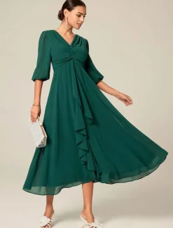 Women's Midi Dress Green Solid Color V-Neck Half Sleeve Ruffled Sophisticated Chic Zip-Back Summer Semi-Formal Wedding Party Evening Elegant Flowy Lightweight Apparel