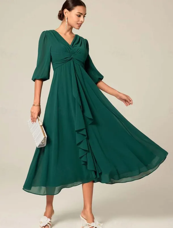Women's Midi Dress Green Solid Color V-Neck Half Sleeve Ruffled Sophisticated Chic Zip-Back Summer Semi-Formal Wedding Party Evening Elegant Flowy Lightweight Apparel