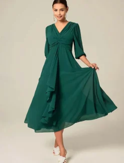 Women's Midi Dress Green Solid Color V-Neck Half Sleeve Ruffled Sophisticated Chic Zip-Back Summer Semi-Formal Wedding Party Evening Elegant Flowy Lightweight Apparel