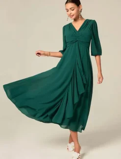 Women's Midi Dress Green Solid Color V-Neck Half Sleeve Ruffled Sophisticated Chic Zip-Back Summer Semi-Formal Wedding Party Evening Elegant Flowy Lightweight Apparel