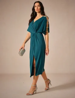 Women's Midi Dress Knit Dress Elegant Stylish Party Date Regular Fit Solid Color Short Sleeve V Neck Ink Blue Summer
