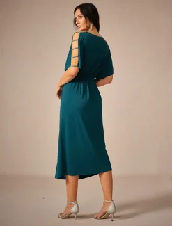 Women's Midi Dress Knit Dress Elegant Stylish Party Date Regular Fit Solid Color Short Sleeve V Neck Ink Blue Summer