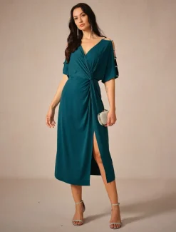 Women's Midi Dress Knit Dress Elegant Stylish Party Date Regular Fit Solid Color Short Sleeve V Neck Ink Blue Summer