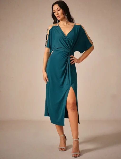 Women's Midi Dress Knit Dress Elegant Stylish Party Date Regular Fit Solid Color Short Sleeve V Neck Ink Blue Summer