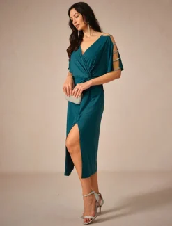 Women's Midi Dress Knit Dress Elegant Stylish Party Date Regular Fit Solid Color Short Sleeve V Neck Ink Blue Summer