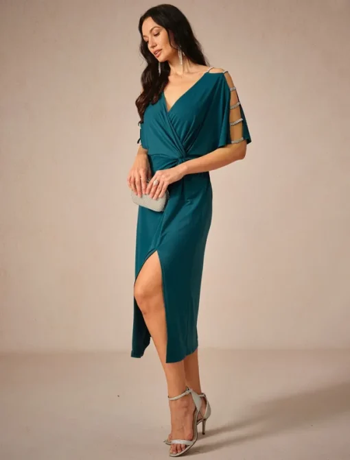 Women's Midi Dress Knit Dress Elegant Stylish Party Date Regular Fit Solid Color Short Sleeve V Neck Ink Blue Summer