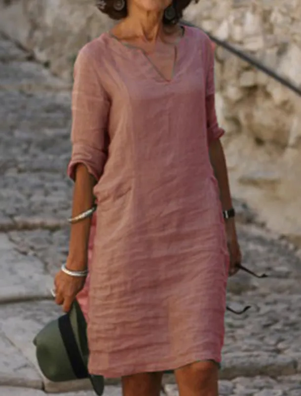 Women's Midi Dress Linen-Inspired Dresses Casual Dress Shift Dress Basic Classic Outdoor Vacation Daily Regular Fit Pure Color Half Sleeve V Neck Yellow Pink Blue Green Summer Spring