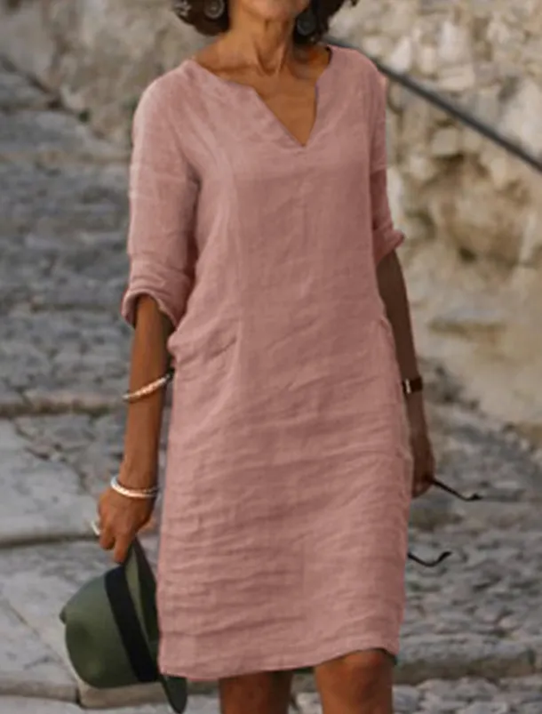 Women's Midi Dress Linen-Inspired Dresses Casual Dress Shift Dress Basic Classic Outdoor Vacation Daily Regular Fit Pure Color Half Sleeve V Neck Yellow Pink Blue Green Summer Spring