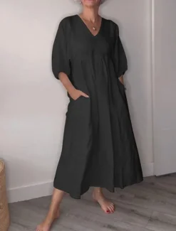 Women's Midi Dress Linen-Inspired Dresses Casual Dress Elegant Stylish Casual Vacation Daily Regular Fit Plain 3/4 Length Sleeve V Neck Black White Blue Gray Spring Fall
