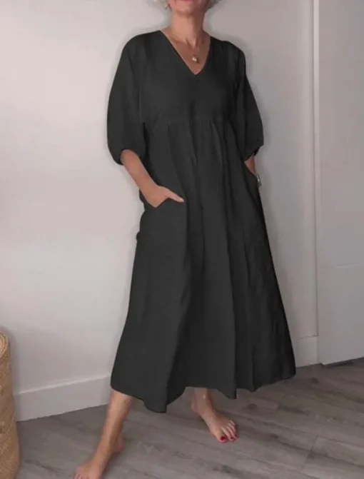 Women's Midi Dress Linen-Inspired Dresses Casual Dress Elegant Stylish Casual Vacation Daily Regular Fit Plain 3/4 Length Sleeve V Neck Black White Blue Gray Spring Fall