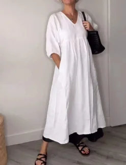 Women's Midi Dress Linen-Inspired Dresses Casual Dress Elegant Stylish Casual Vacation Daily Regular Fit Plain 3/4 Length Sleeve V Neck Black White Blue Gray Spring Fall
