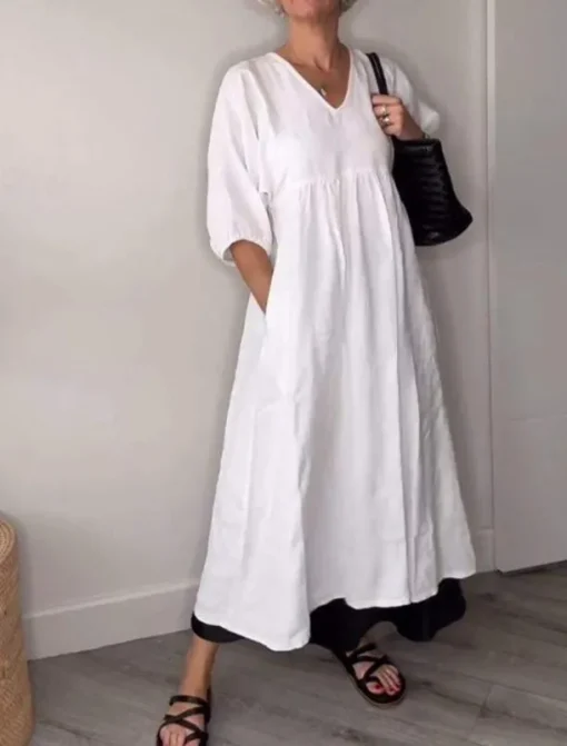 Women's Midi Dress Linen-Inspired Dresses Casual Dress Elegant Stylish Casual Vacation Daily Regular Fit Plain 3/4 Length Sleeve V Neck Black White Blue Gray Spring Fall