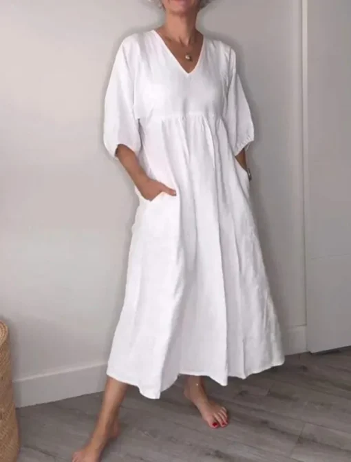 Women's Midi Dress Linen-Inspired Dresses Casual Dress Elegant Stylish Casual Vacation Daily Regular Fit Plain 3/4 Length Sleeve V Neck Black White Blue Gray Spring Fall