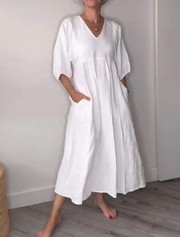 Women's Midi Dress Linen-Inspired Dresses Casual Dress Elegant Stylish Casual Vacation Daily Regular Fit Plain 3/4 Length Sleeve V Neck Black White Blue Gray Spring Fall