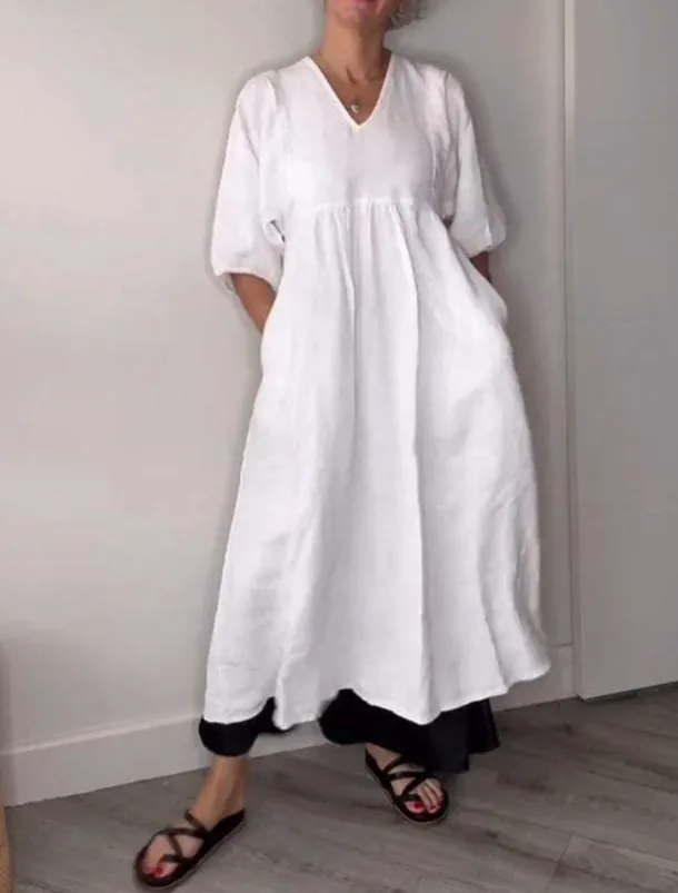 Women's Midi Dress Linen-Inspired Dresses Casual Dress Elegant Stylish Casual Vacation Daily Regular Fit Plain 3/4 Length Sleeve V Neck Black White Blue Gray Spring Fall