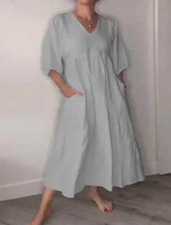 Women's Midi Dress Linen-Inspired Dresses Casual Dress Elegant Stylish Casual Vacation Daily Regular Fit Plain 3/4 Length Sleeve V Neck Black White Blue Gray Spring Fall