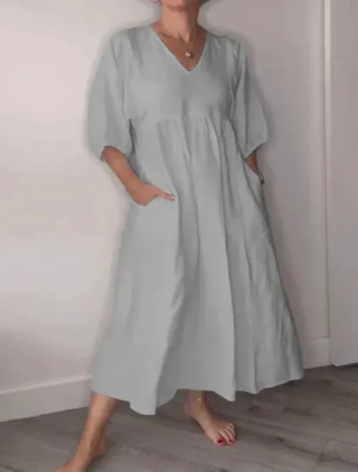 Women's Midi Dress Linen-Inspired Dresses Casual Dress Elegant Stylish Casual Vacation Daily Regular Fit Plain 3/4 Length Sleeve V Neck Black White Blue Gray Spring Fall