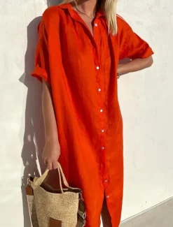 Women's Midi Dress Linen-Inspired Dresses Shirt Dress Casual Dress Cotton Linen Dress Casual Daily Loose Fit Plain Short Sleeve Shirt Collar ArmyGreen Black Red Blue Summer Spring Fall