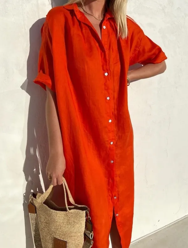 Women's Midi Dress Linen-Inspired Dresses Shirt Dress Casual Dress Cotton Linen Dress Casual Daily Loose Fit Plain Short Sleeve Shirt Collar ArmyGreen Black Red Blue Summer Spring Fall