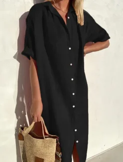 Women's Midi Dress Linen-Inspired Dresses Shirt Dress Casual Dress Cotton Linen Dress Casual Daily Loose Fit Plain Short Sleeve Shirt Collar ArmyGreen Black Red Blue Summer Spring Fall