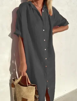 Women's Midi Dress Linen-Inspired Dresses Shirt Dress Casual Dress Cotton Linen Dress Casual Daily Loose Fit Plain Short Sleeve Shirt Collar ArmyGreen Black Red Blue Summer Spring Fall