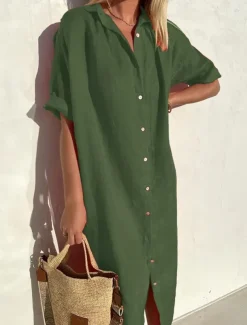 Women's Midi Dress Linen-Inspired Dresses Shirt Dress Casual Dress Cotton Linen Dress Casual Daily Loose Fit Plain Short Sleeve Shirt Collar ArmyGreen Black Red Blue Summer Spring Fall